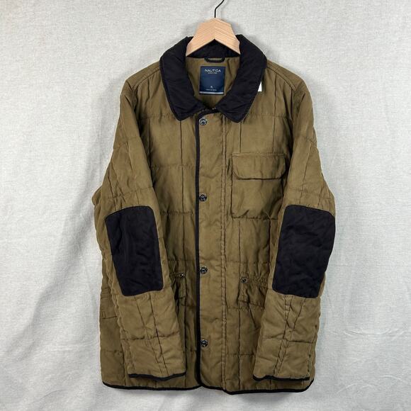 Nautica Mens Quilted Chore Coat Size XL Suede Elbow Patches Barn Jacket Preppy - Picture 1 of 13